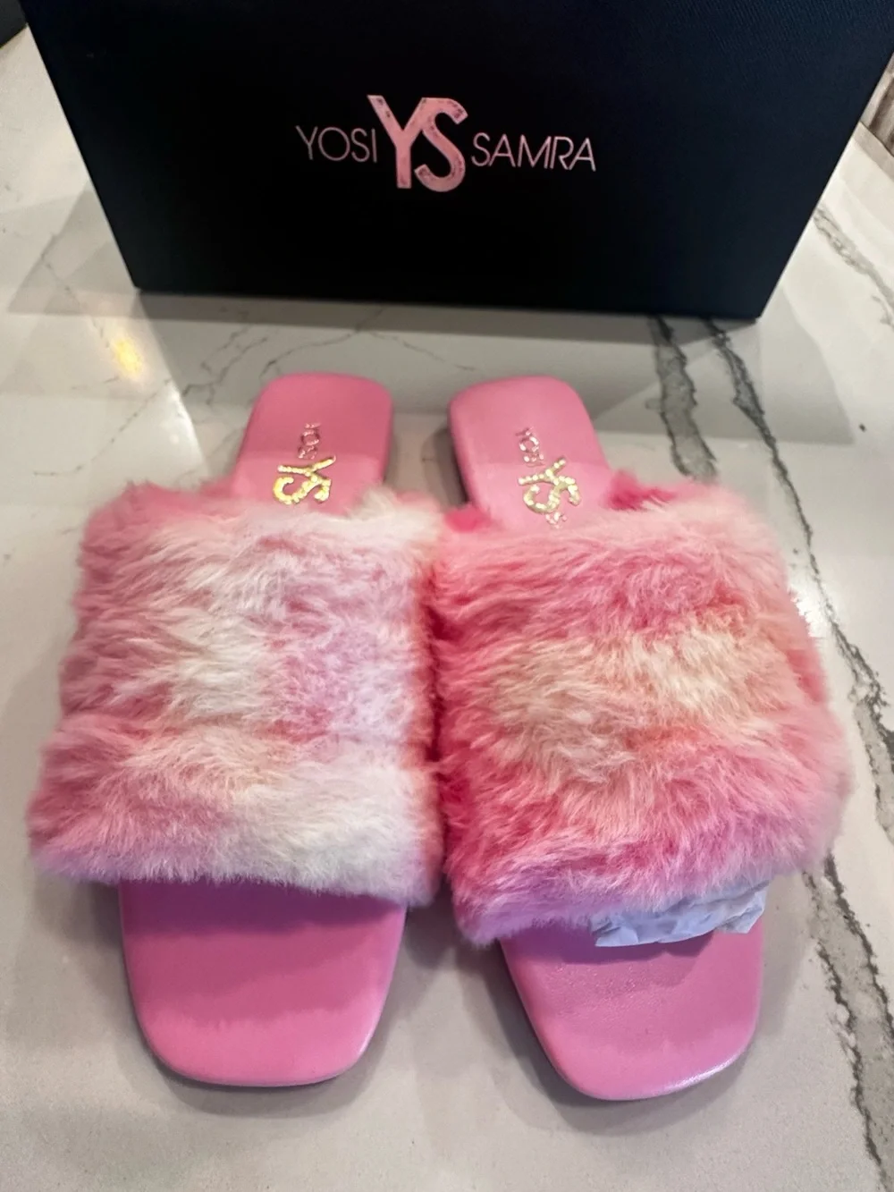Yosi Samra Pink Plush Faux Fur Slide Sandals